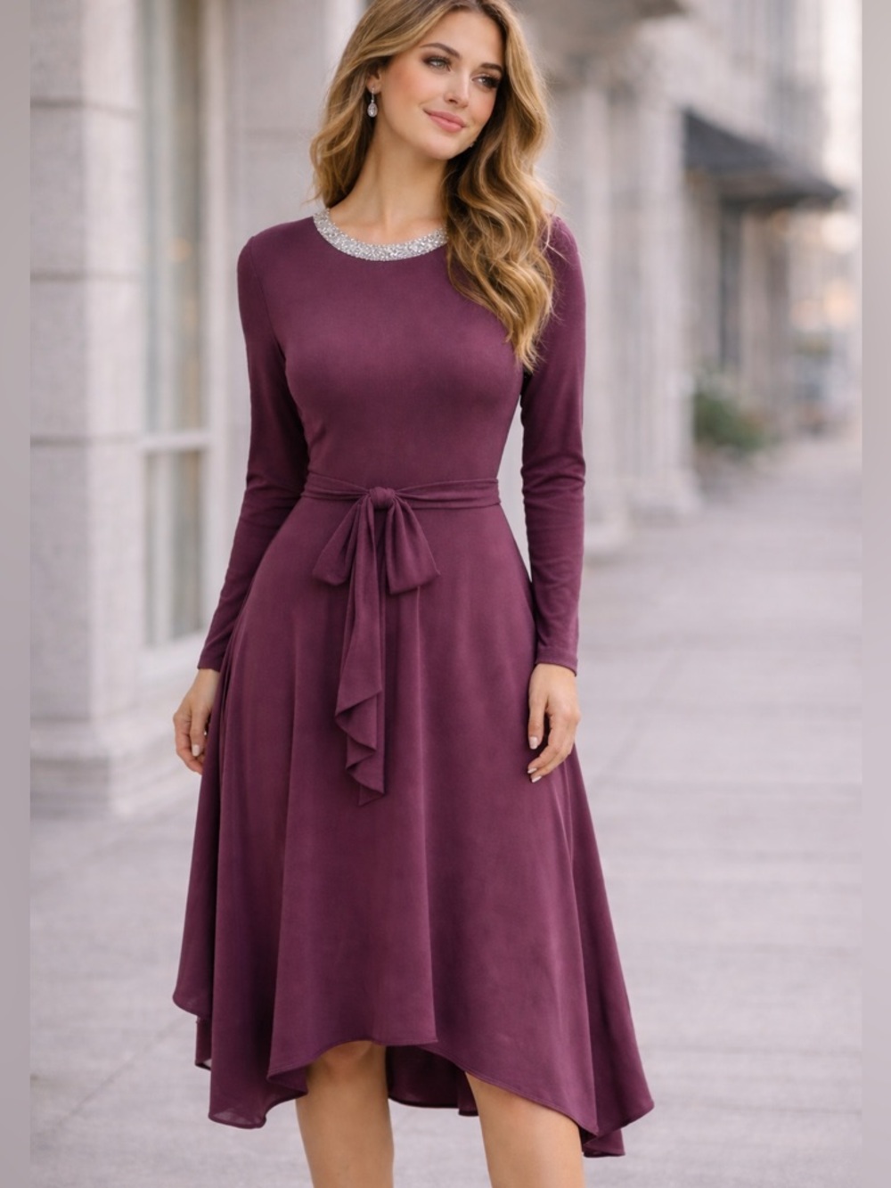 Michael Kors Plum Long Sleeve Fit-and-Flare Dress with Tie Waist